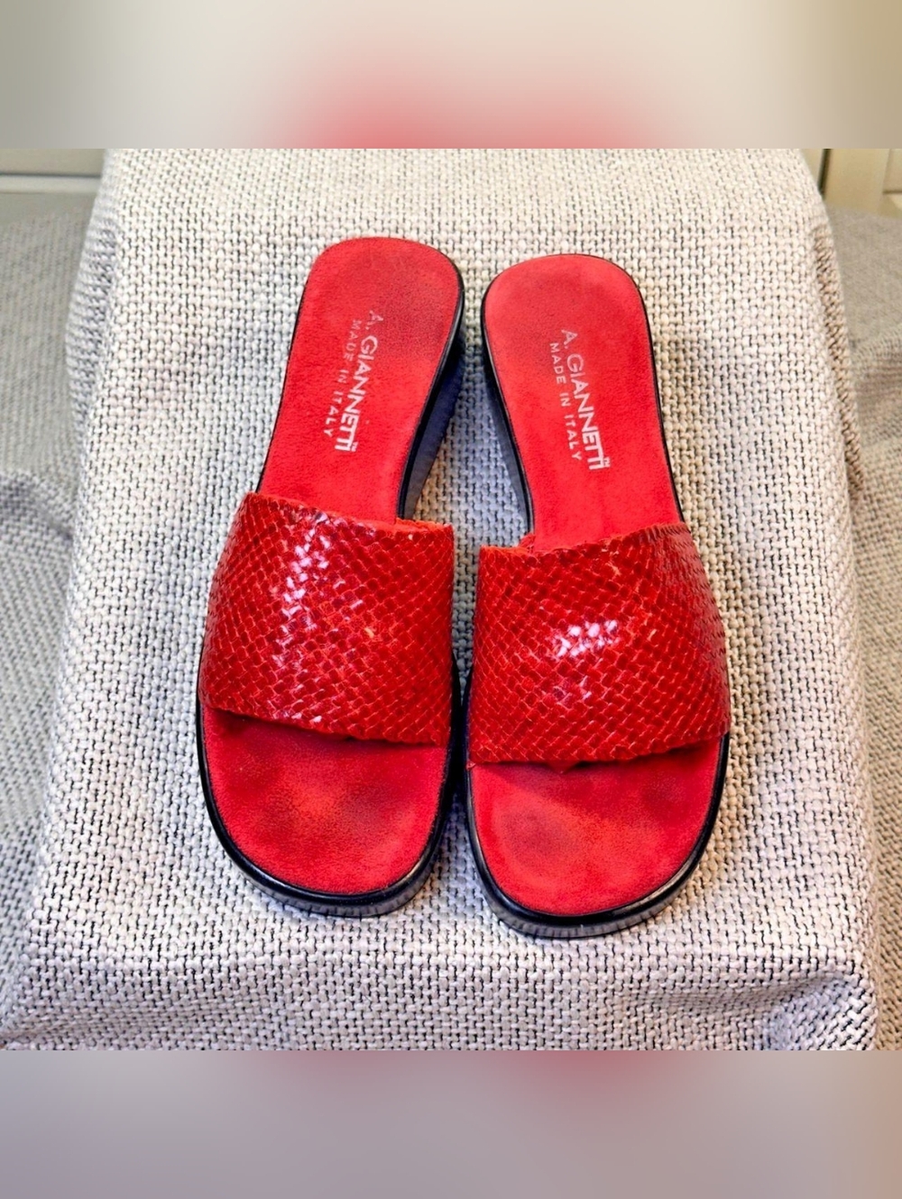 A. Giannetti Red Soft Leather Woven Wedge Slip On Sandals Size 8.5